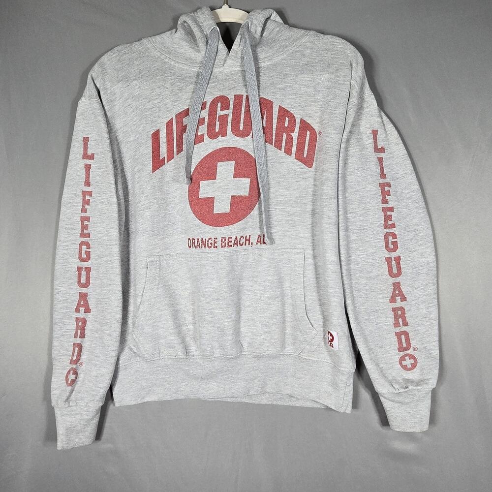 Lifeguard Hoodie Mens Small Gray Red Graphic Orange Beach AL Pullover Sweatshirt